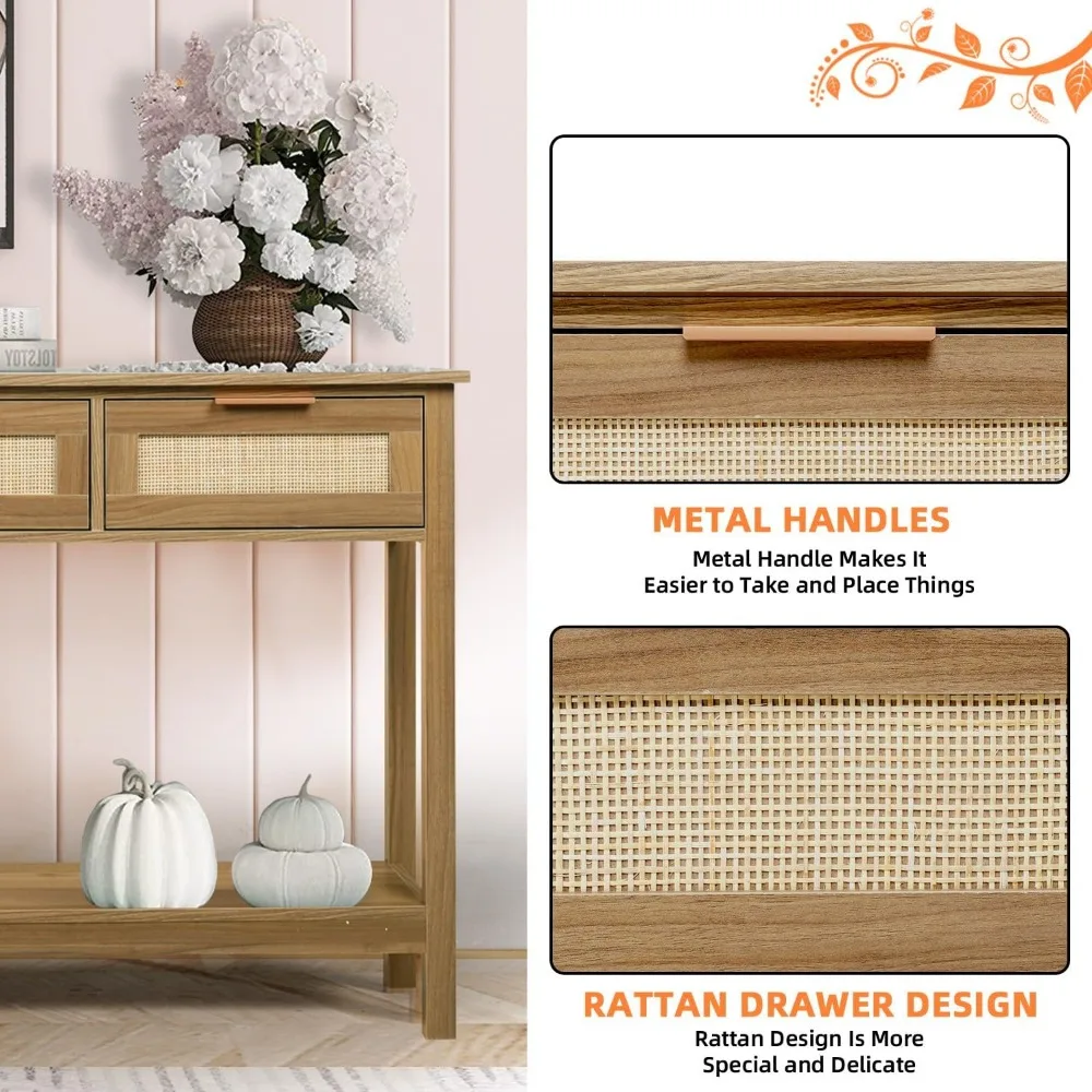 Rattan Console Table Boho Entryway Table Narrow Long Sofa Table Hallway Foyer Behind Couch with 3 Drawers