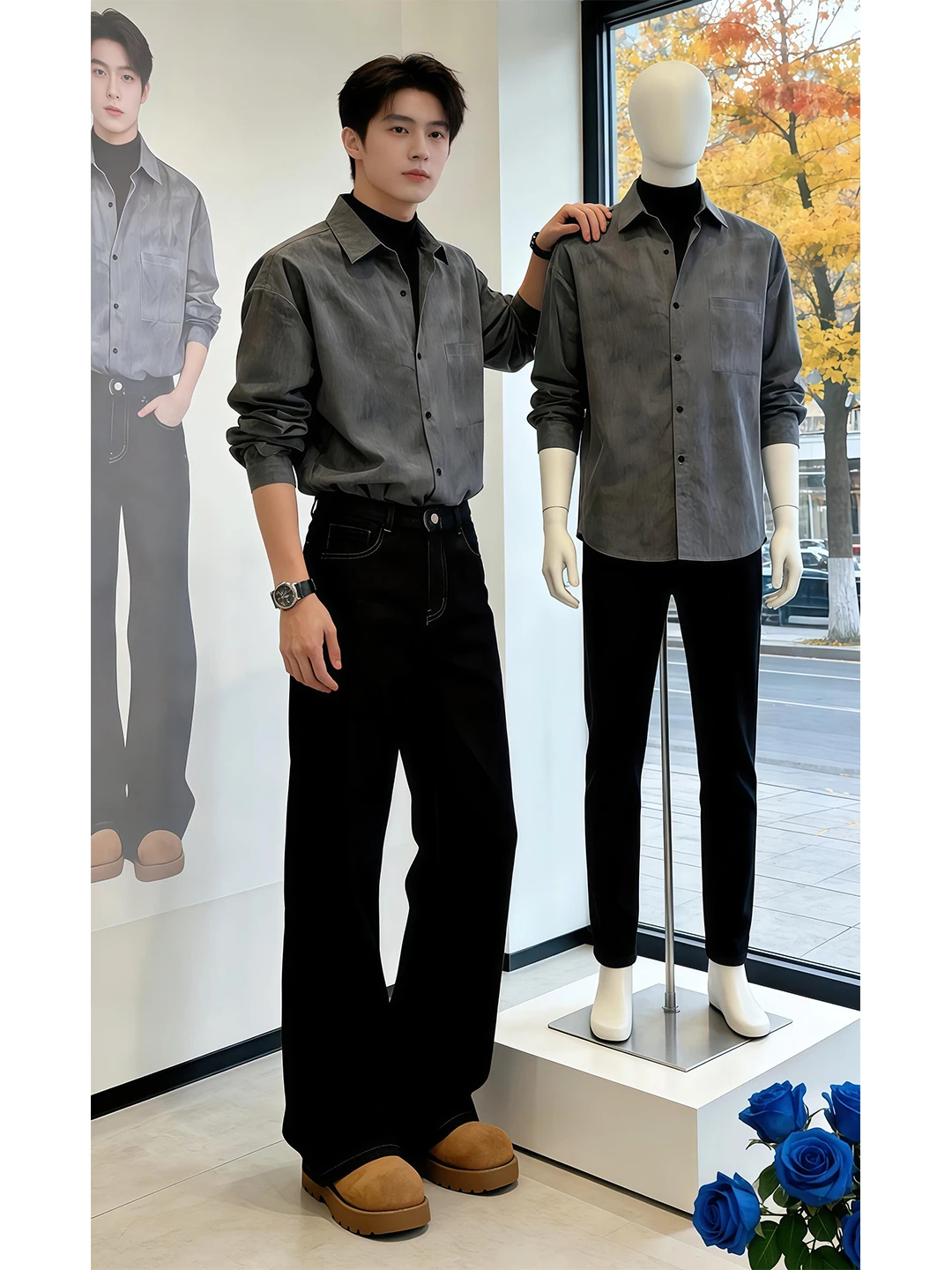 

Gray Corduroy Long Sleeve Shirt Jacket Men's Spring New American Retro Workwear Top Flip Collar Stylish Casual Loose Fit