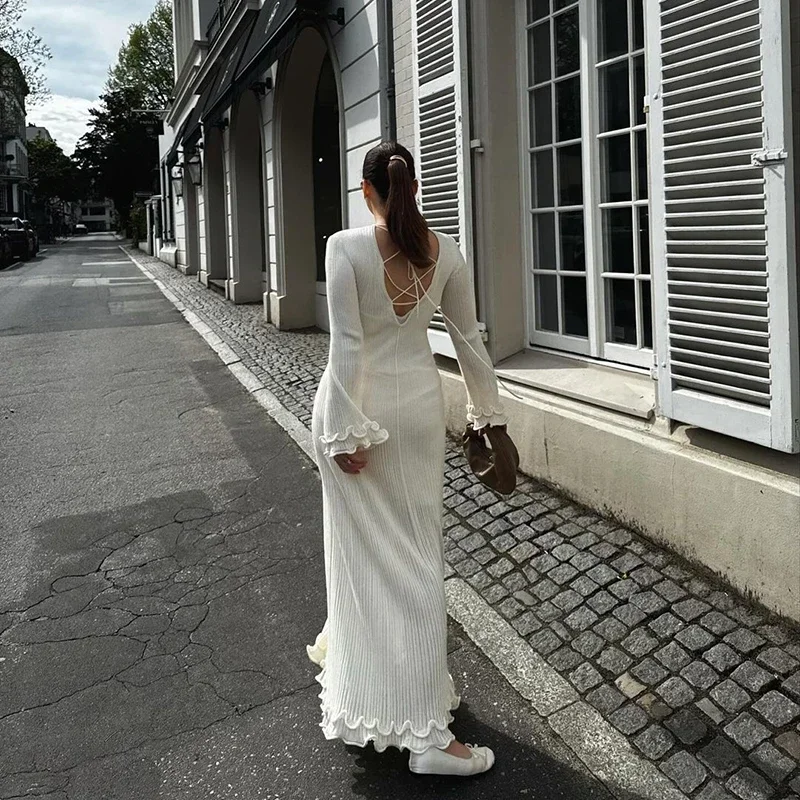 Elegant White Knitted Wedding Guest Dress Woman Ruffle Flare Long Sleeve Backless Lace Up Lacework Fishtail Vacation Sundress