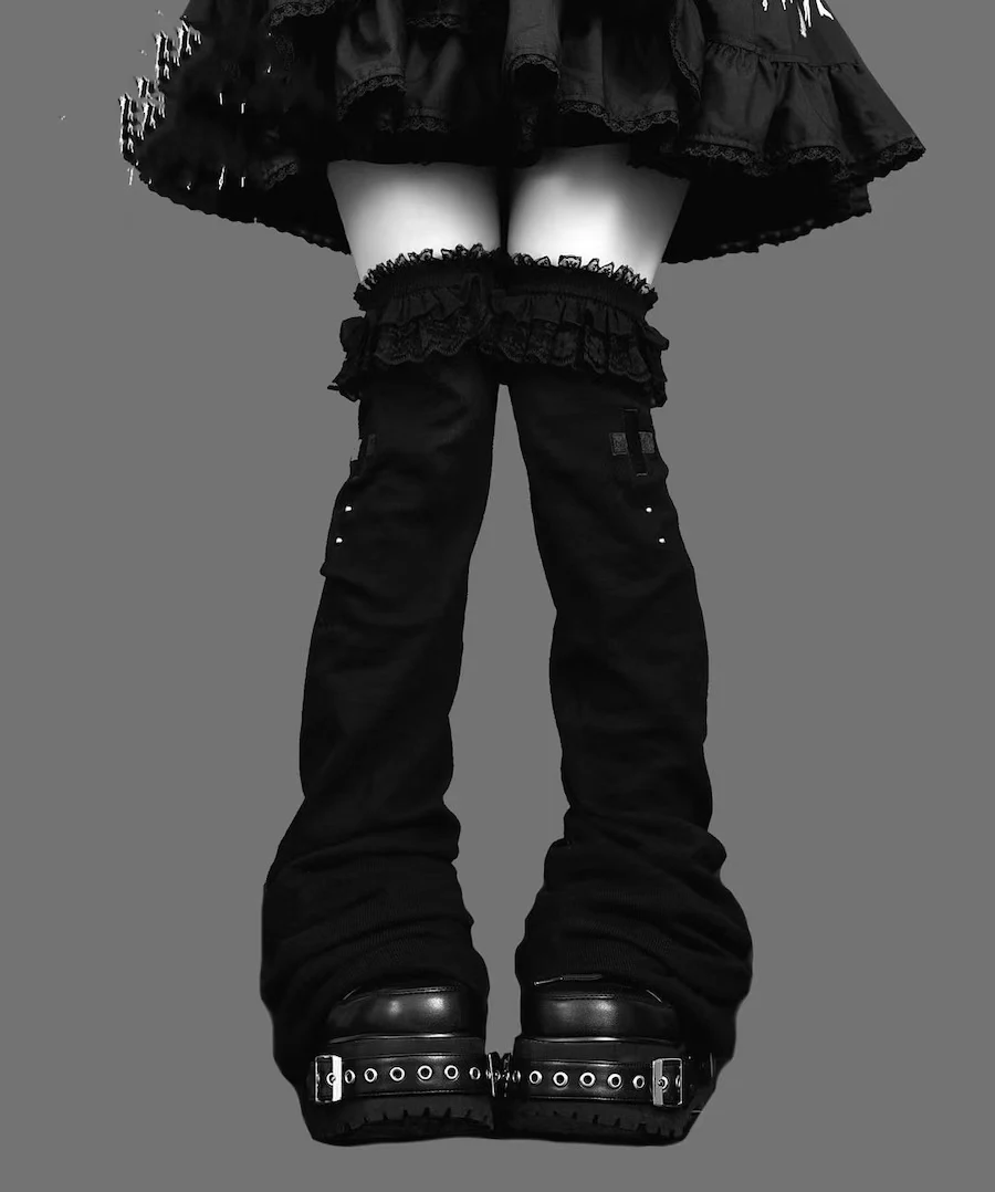 Japanese Gothic Y2K Thigh High Sock Dark Patchwork Lolita Lace Wide Leg Socks Mine Series Cross Subculture Over Knee Leg Warmer