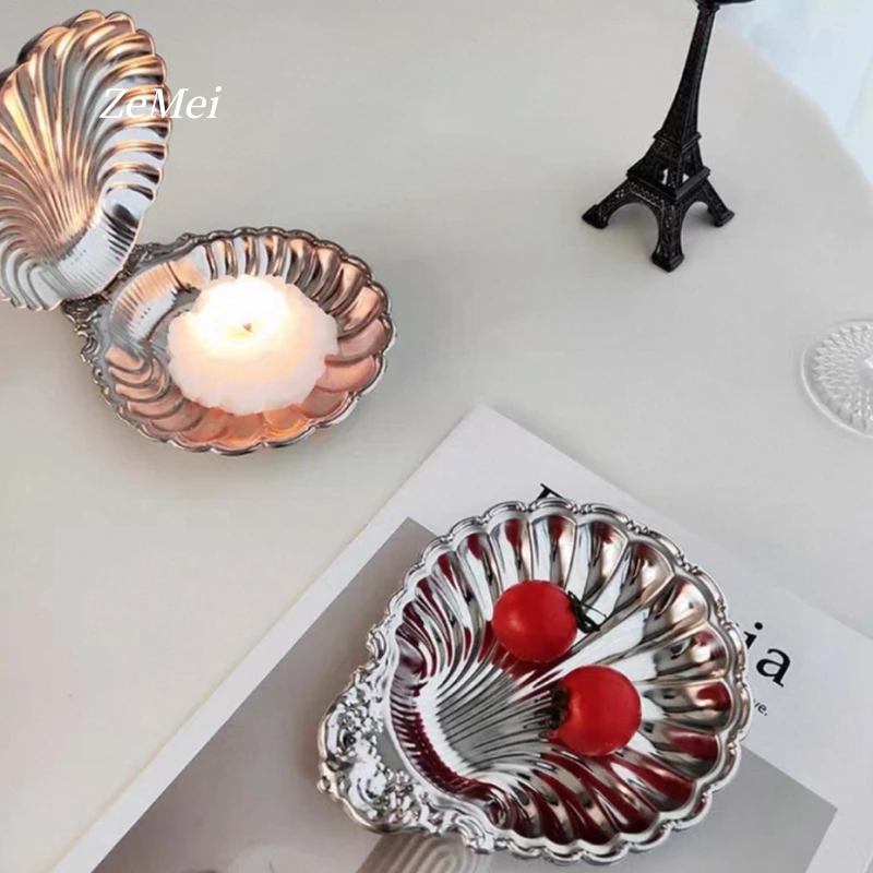 European Style Shell Shape Water Ripples Fruit Plate,Silver Stainless Steel Plate Home Food Tray,Snack Disc Table Decoration view 3
