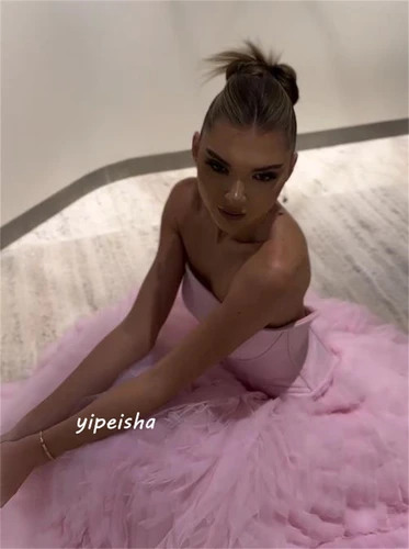 Imagen 2 del producto Vestido de fiesta intrincado sin tirantes personalizado para mujer, faldas de barrido/cepillo drapeadas con espalda abierta para quinceañeras, noche de red/tul