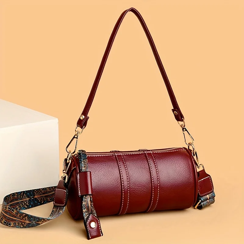 

Color Cylinder Bag, Ethnic Style PU Leather Crossbody Bag, Women's Textured Shoulder Purse With Wide Strap