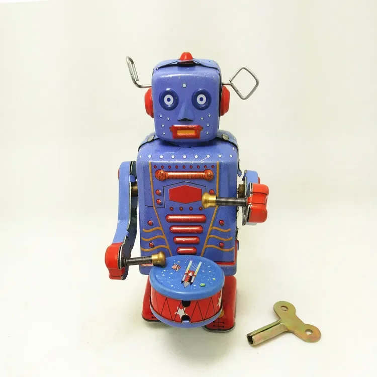 สะสม Vintage Drumming Robot Wind Up ของเล่นดีบุกของขวัญคริสต์มาสคลาสสิกสําหรับเด็กทารกเด็กวัยหัดเดินรูปโลหะในกรณีดีบุก