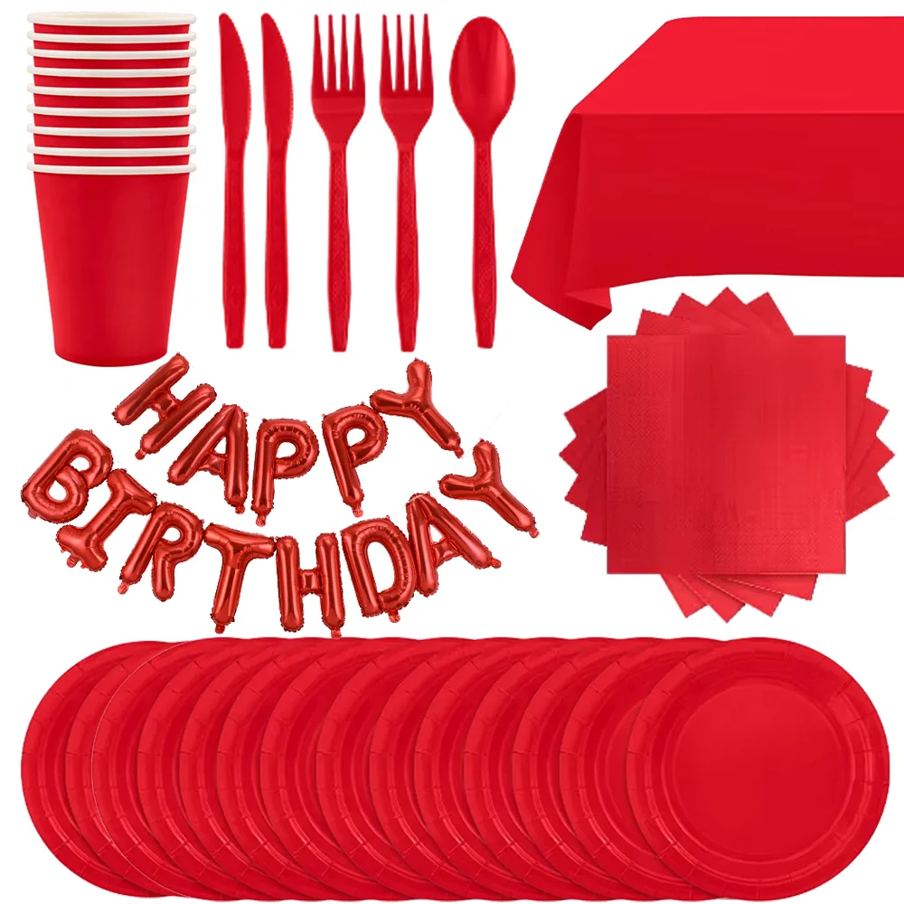 Solide rote Geburtstagsdekorationen, Kinderbedarf, Party, Einweggeschirr, Papierservietten, Tassen, Teller, Tischdecken, Strohhalme, Gabel, Löffel