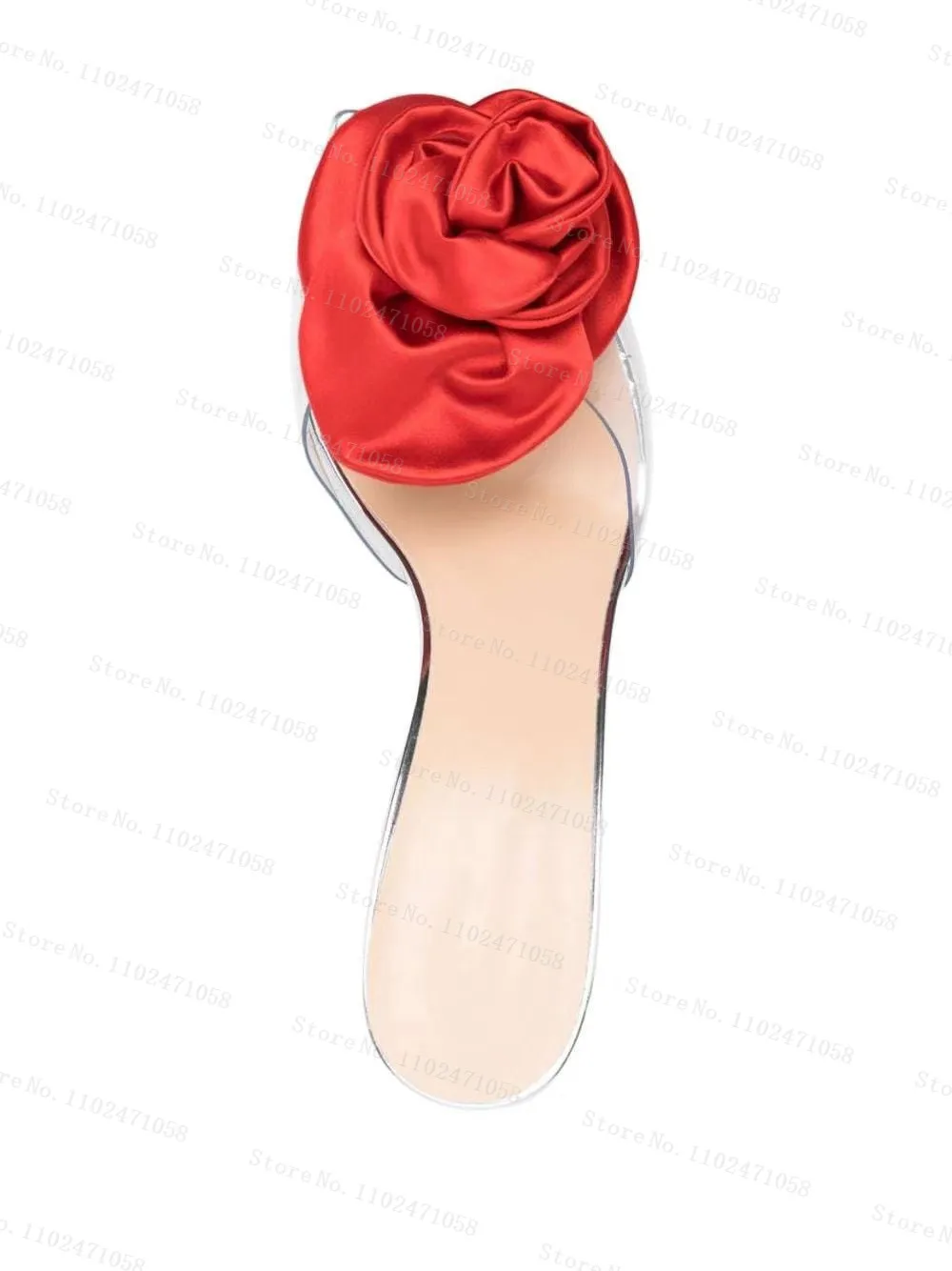 Red Rose Flowers Transparent PVC Slipper for Women, Round Toe Thin Heels, Summer Sandals, Ladies Party Dress, High Heels