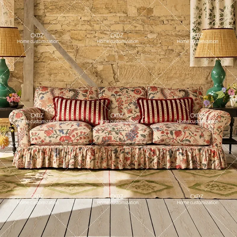 Pastoral Floral Fabric Sofa Solid Wood Straight Row Couch Retro Style Living Room Furniture for Small Apartment Home Decor