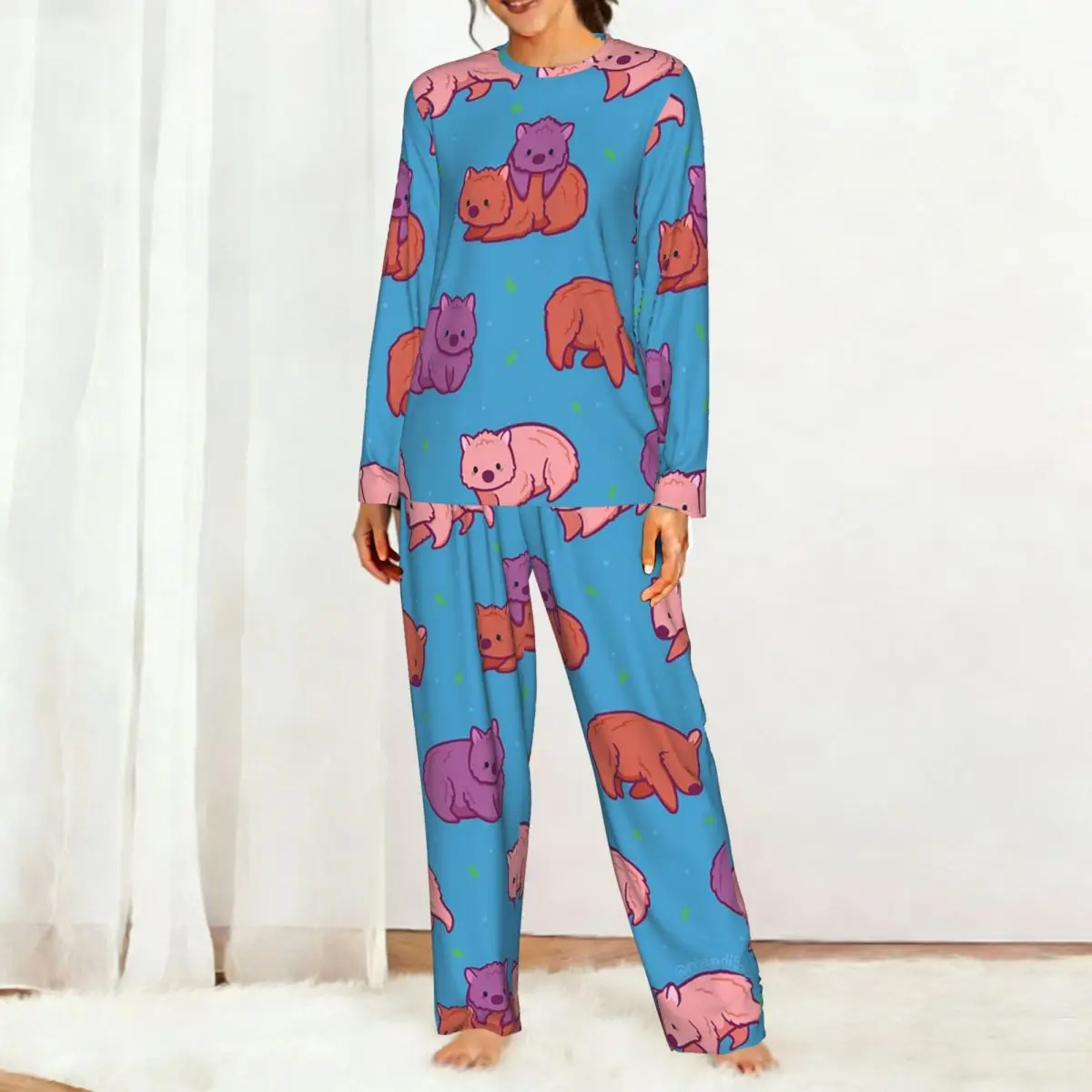 Wombat Round Neck Long Sleeve Nightgowns for Sleeping Sleepshirts Women Loose Pajama Set Long Pants