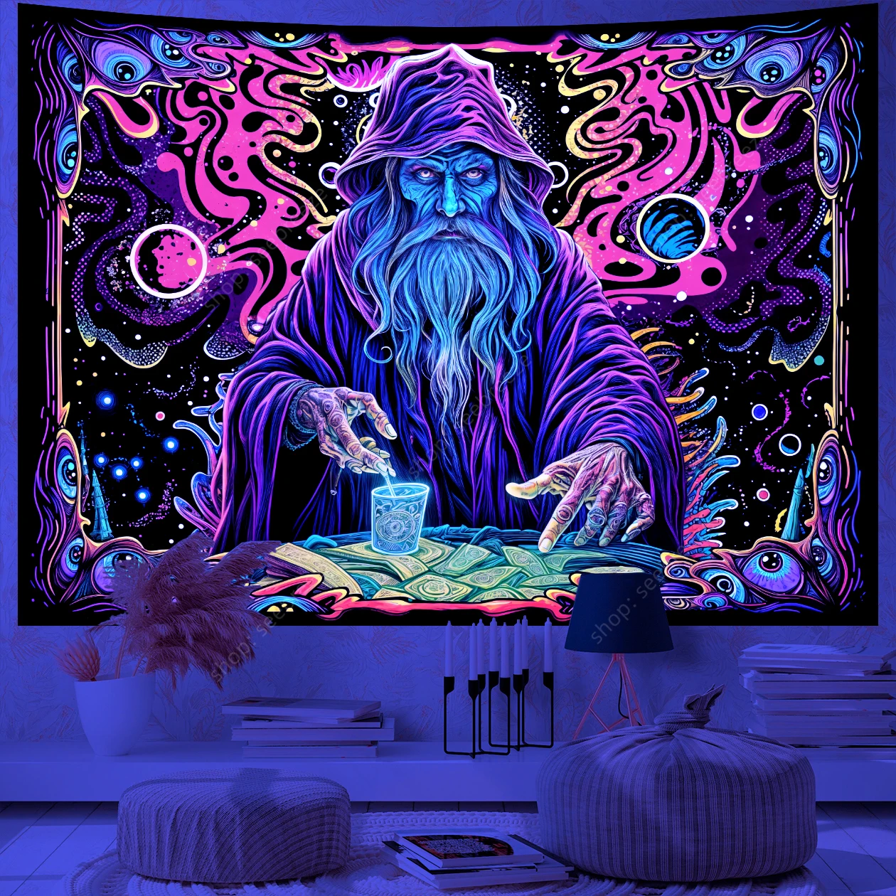 Psychedelic Wizard UV Reactive Tapestry Magic Eyes Neon Universe Starry Tapestry Wall Hanging for Room Decor Witchcraft Supplies