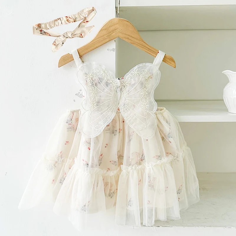 Butterfly Baby Summer Dress 2Pcs Floral Kids Girl Dresses with Headband Children Outfit Set Sleeveless Infant Toddler Clothes