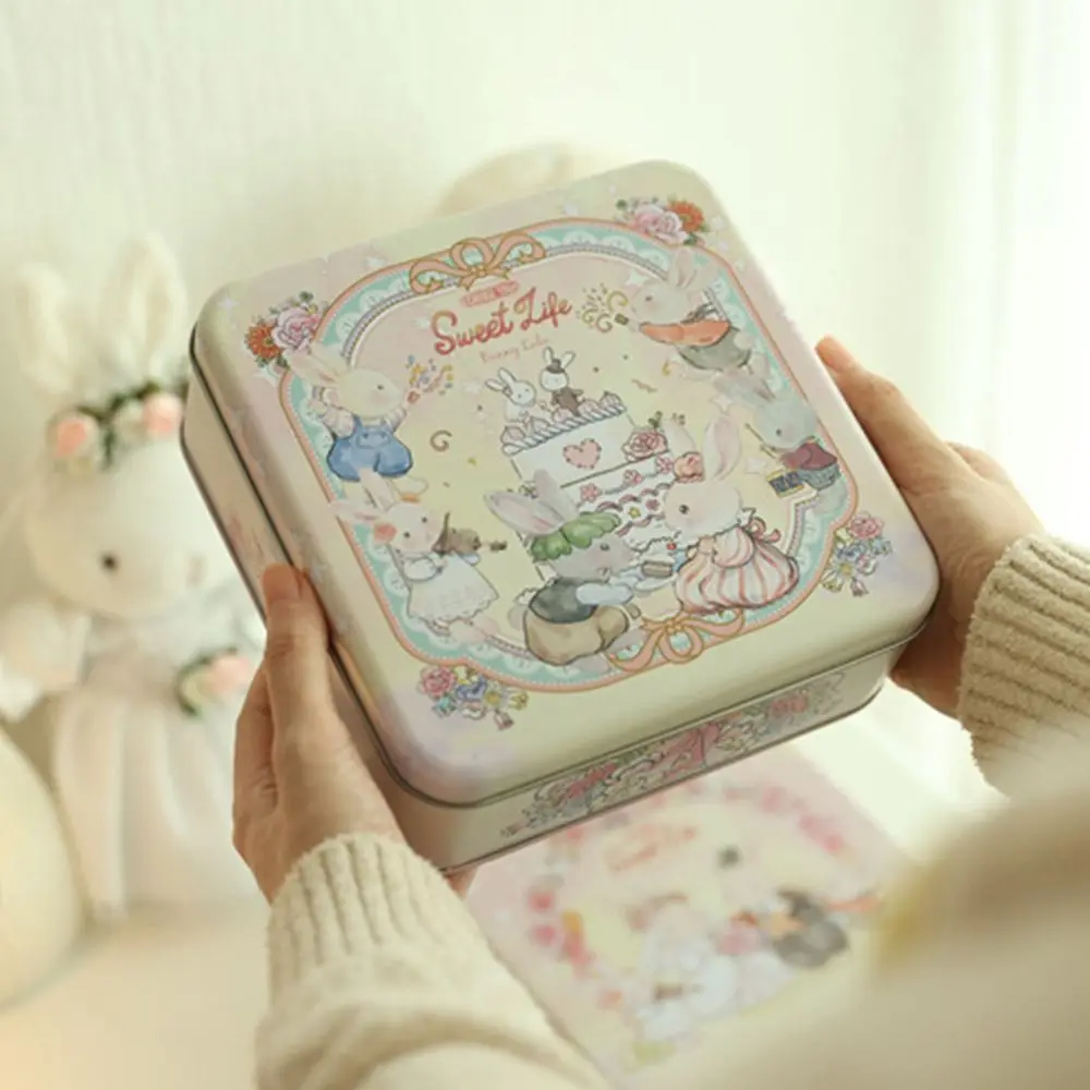Cartoon Rabbit Iron Box Square Multicolor Metal Storage Box with Lid 17*17*6cm Gift Box Money