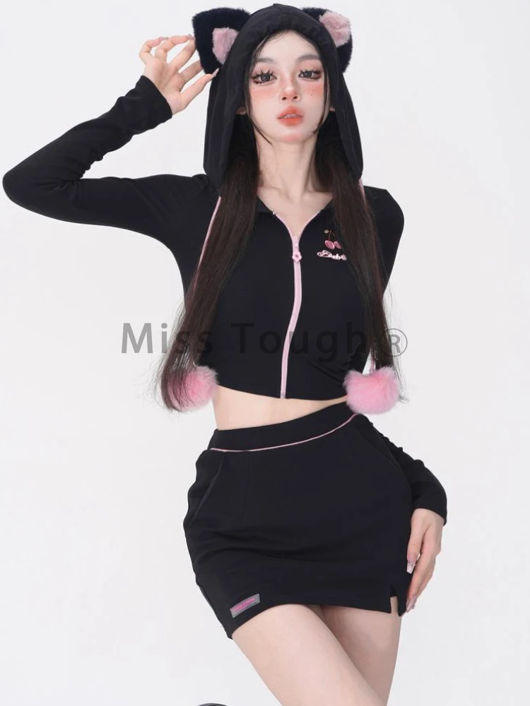 Black Sexy Designer Two Piece Set Women Hooded Japanese Sweet Kawaii Mini Skirt Suit Female Korean Princess Set Winter 2023 New