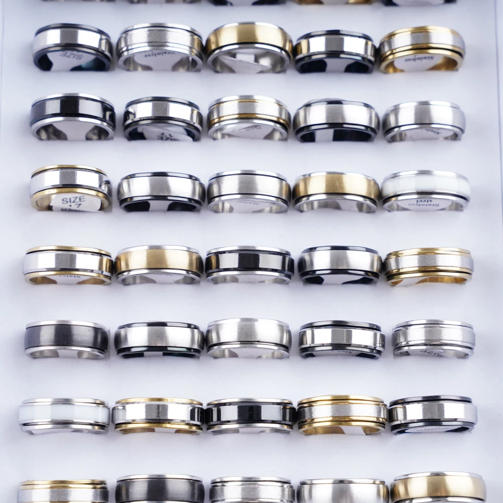 10Pcs/Lot Fashion Vintage Spinner Stainless Steel Ring For Women Men Rotating Stripe Stress Finger Jewelry Mix Style Accessories