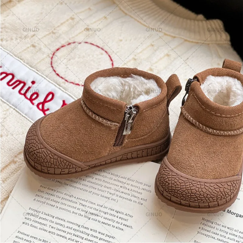 2024 New Winter Baby Snow Boots Leather Warm Plush Infant Shoes Zip Side Soft Sole Fashion Toddler Boys Girls Boots 15-30