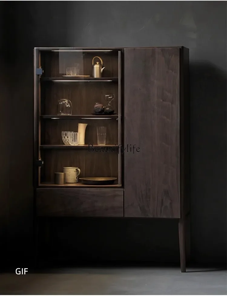02 ls 18Modern solid wood glass wine cabinet with lamp figure display on the side of dinner Living room locker light luxury