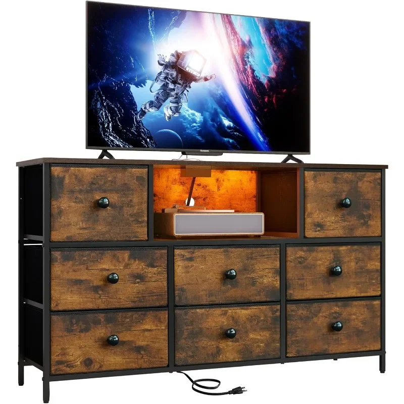 

Dresser with Power Outlets and LED Lights, 43" W Dresser TV Stand with 8 Drawers
