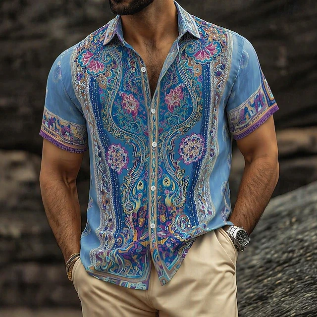

Fashion Men Vintage Flower Pattern Short Sleeve Button Up Shirts Retro Style Casual Streetwear Blouses For Summer Beach Party