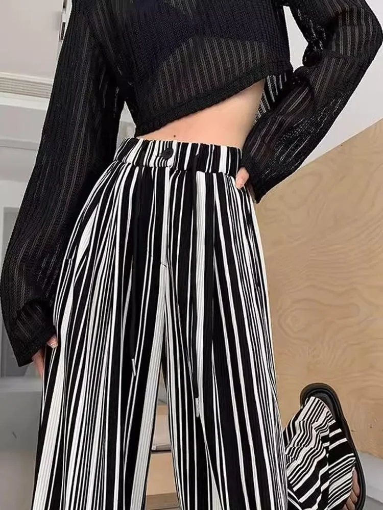 

High Waist Ice Silk Wide Leg Pants Casual Bla White Stripes Women's Loose Long Trousers Rouje ners Spring Summer