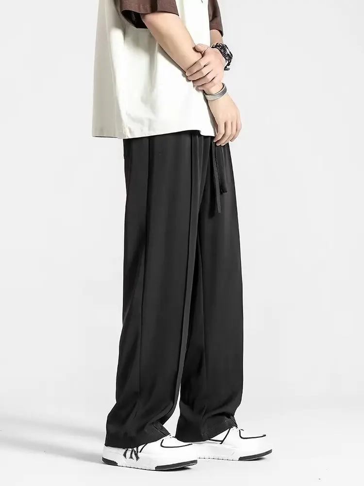 بنطلون رجالي من الحرير الجليدي على الطراز الأمريكي للربيع والصيف رقيق ومستقيم وفضفاض مقاس كبير بنطلون طويل غير رسمي من ألياف ...