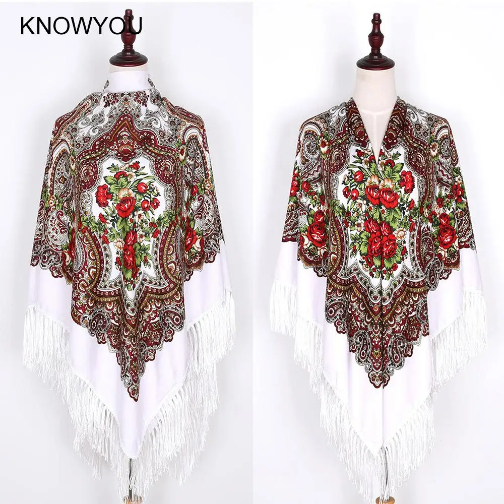 Ethnic Style Print Floral Wraps for Women Russian Fringed Square Scarf Elegant Mujer Bufanda Retro Shawl Large Size Hijabs