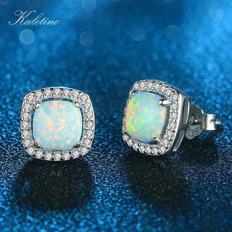 KALETINE Solid 925 Sterling Silver Earrings For Women Square Opal Jewelry Stud Earrings Fashion Jewelry Gift KLTE045