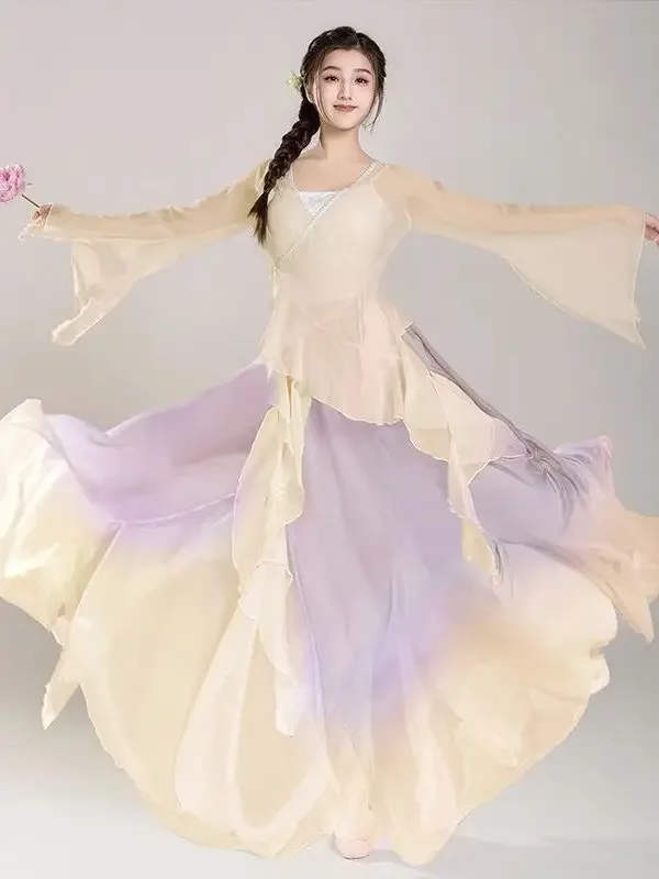 

Idol Stage costume Classical Dance Practice clothes Chinese Dance Suit Body Rhyme Gauze Dress Long Sleeved Performance Costume