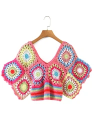 YENKYE 2022 Fashion Women Handmade Multicolor Crochet Boho Blouse Sexy Hollow Out Batwing Sleeve Female Summer Crop Top