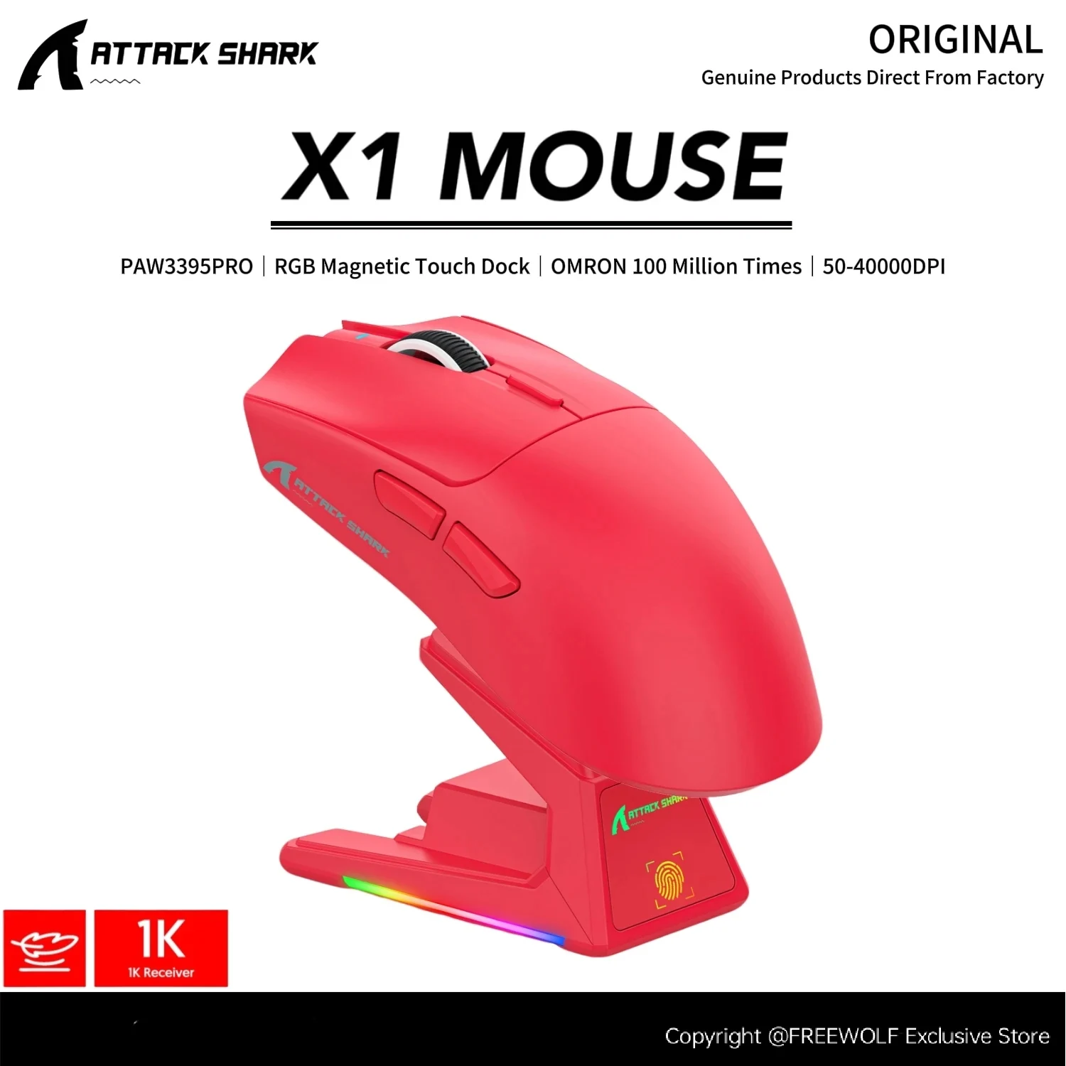 X1 ATTACK SHARK Wireless Mouse Magnetic RGB Touch Charging Dock,1K Hz Gaming PixArt PAW3395 Pro Sensor,40000DPI for PC/Mac
