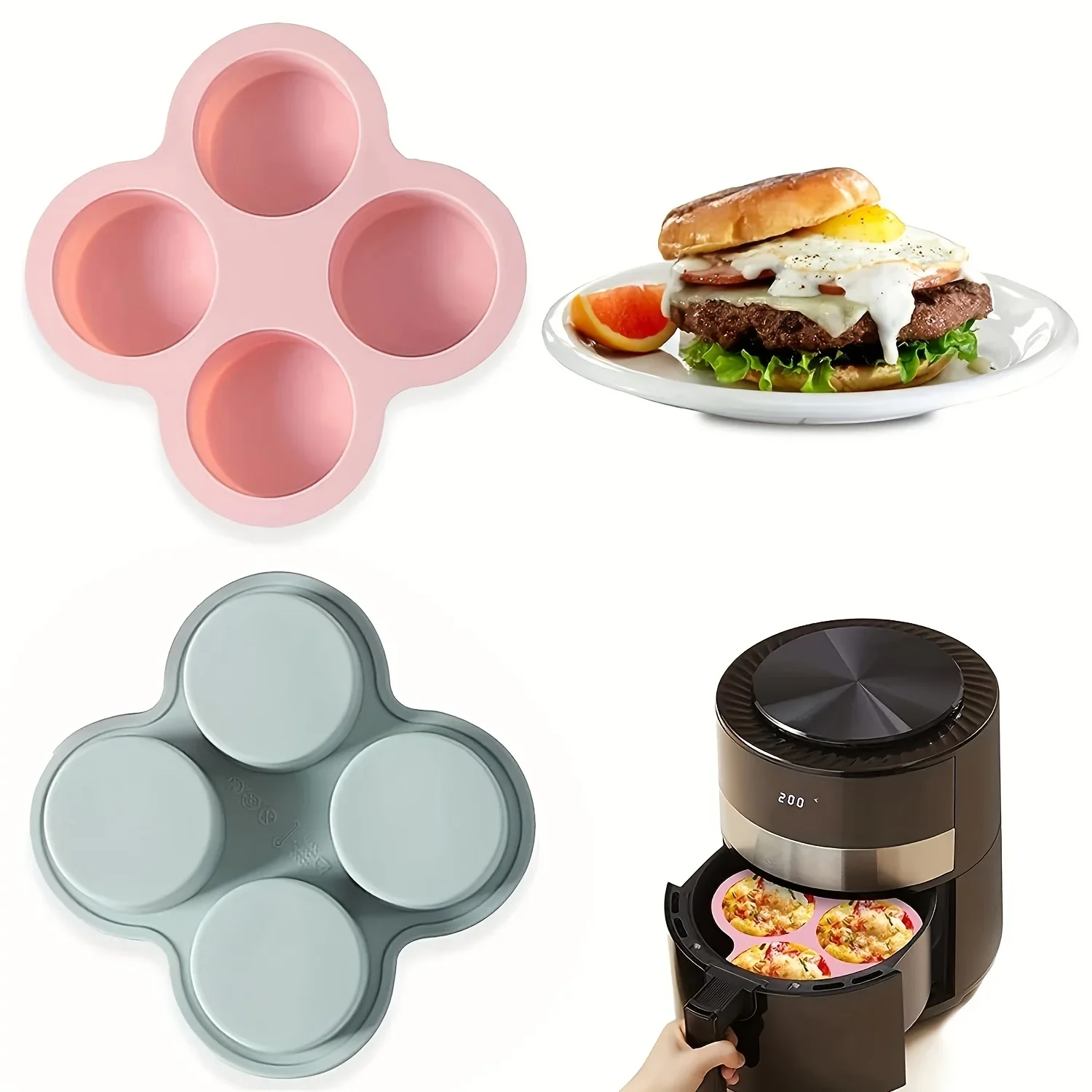 Air Fryer Egg Mold Round Shape Eggs Mold 4 Cavity Non-Stick Silicone Air Fryer Egg Pan Egg Steamer Cooking Mold Fried Egg Tool