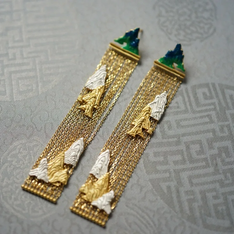 

Original Design Chinese Treasure--A Thousand Miles Of Rivers And Mountains Enamel Drop Dangle Tassel Earrings Painting Jewelry