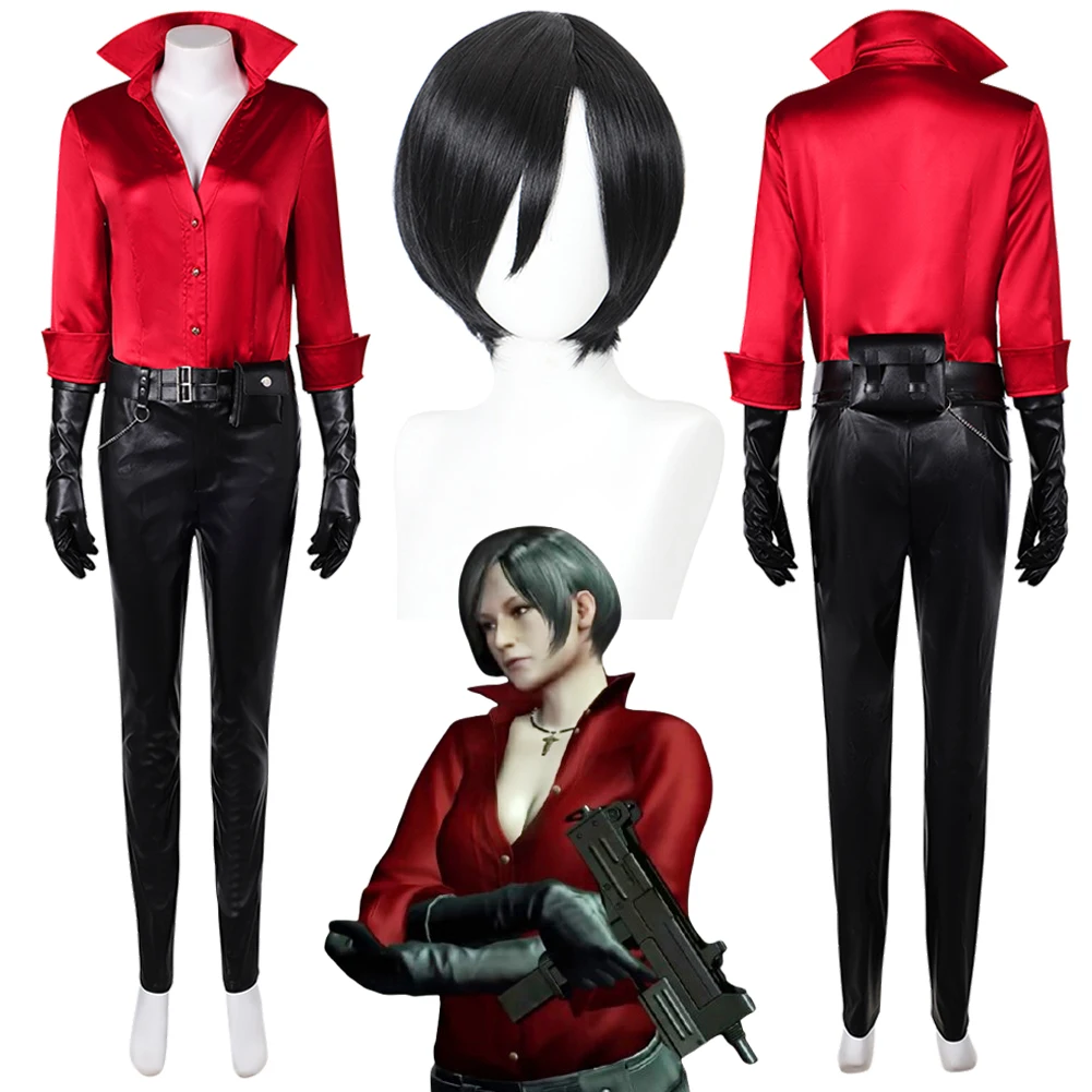 

Ada Wong Cosplay Costume Wig Red Shirt Pants Biohazard Game Resident Roleplay Halloween Party Uniform Carnival Role Play Suits