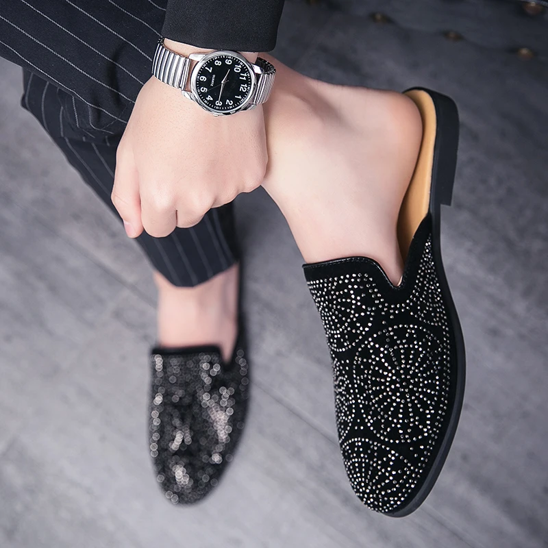 2025 Summer Rhinestone Half Shoes For Men Dress Shoes Mules Man Slides Semi-Drag Casual Shoes Loafers Slippers Flats Sandals