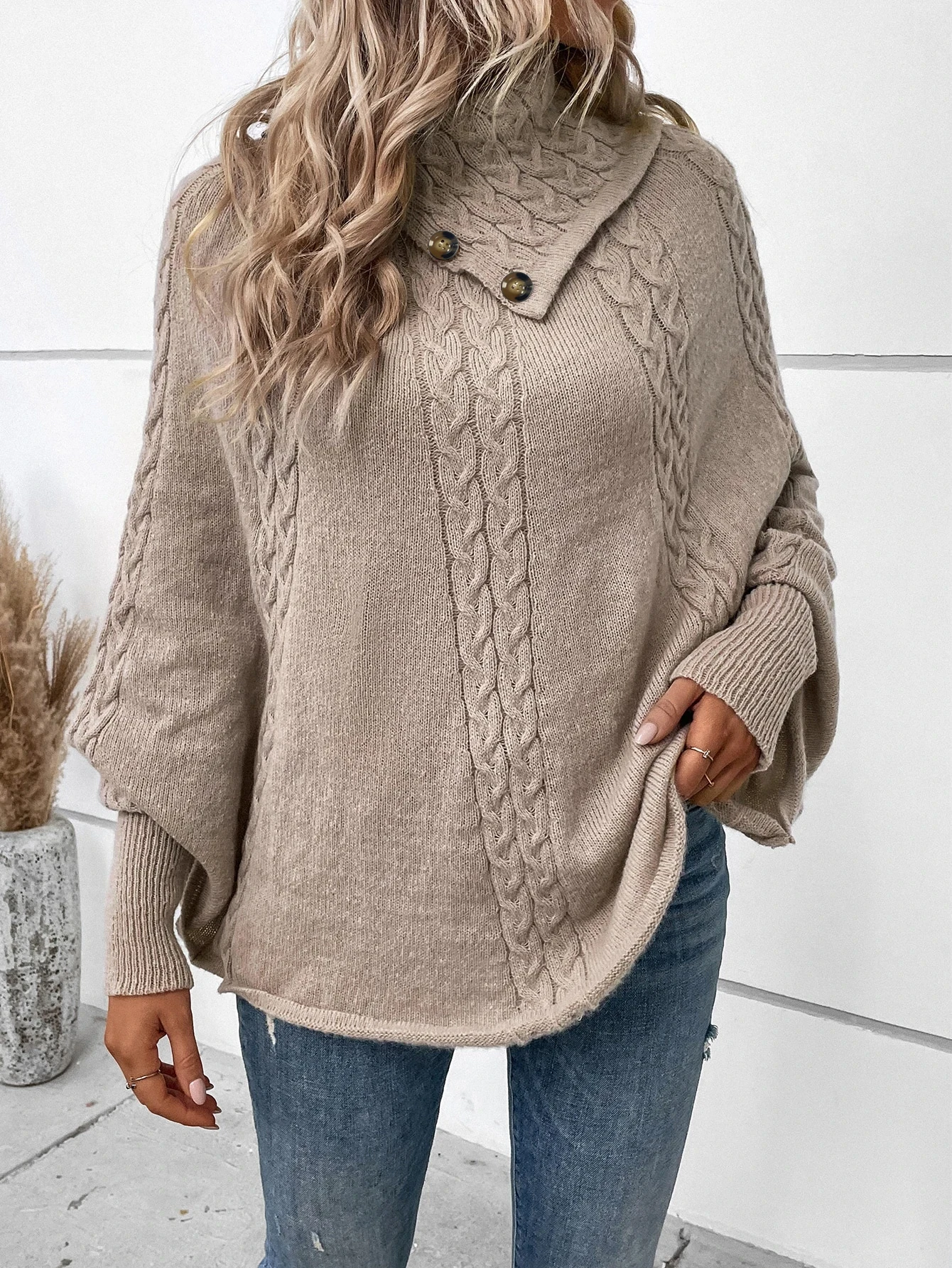 

Women's Twisted Knit Retro High-Neck Sweater, Pullover Knit Top, Cape Shawl, Elegant Women's Wear