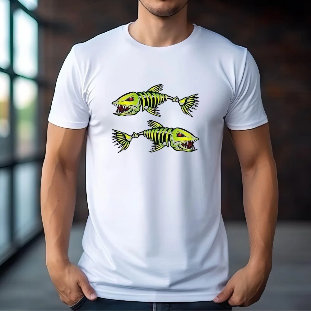 

FPACE Vintage Fishing Skeleton Men T-Shirt Fish Bones Printed T shirt Sport Men's Clothing Women Oversized t-shirt