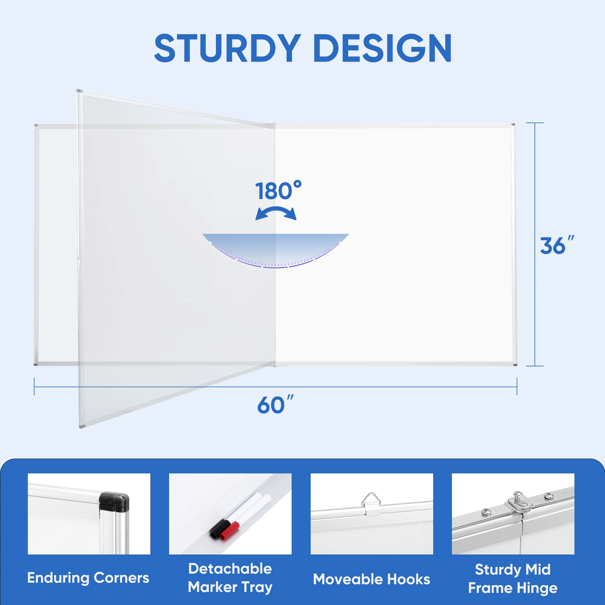 Deli Opvouwbaar dubbelzijdig whiteboard 60x36 inch, magnetisch droog uitwisbaar bord voor klaslokaal, kantoor en thuis