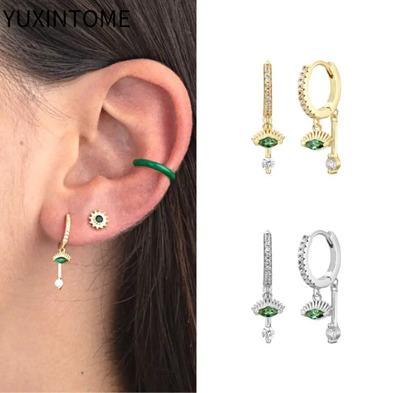 

925 Sterling Silver Needle Green Crystal Evil Eye Pendant Earrings For Women Pave Crystal Hoop Earrings Fashion Jewelry Gifts