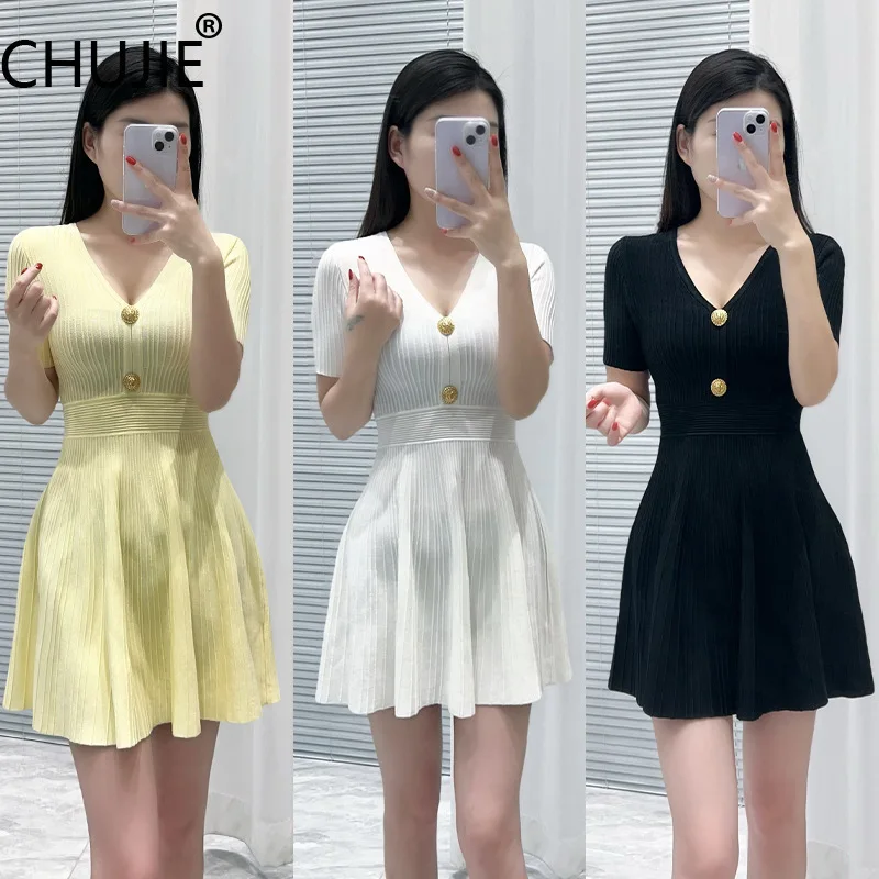 

CHUJIE 2025 Summer French Style Knit Dress Women - Slim Fit A-Line Short Sleeve, Breathable Viscose Blend, Casual Elegant