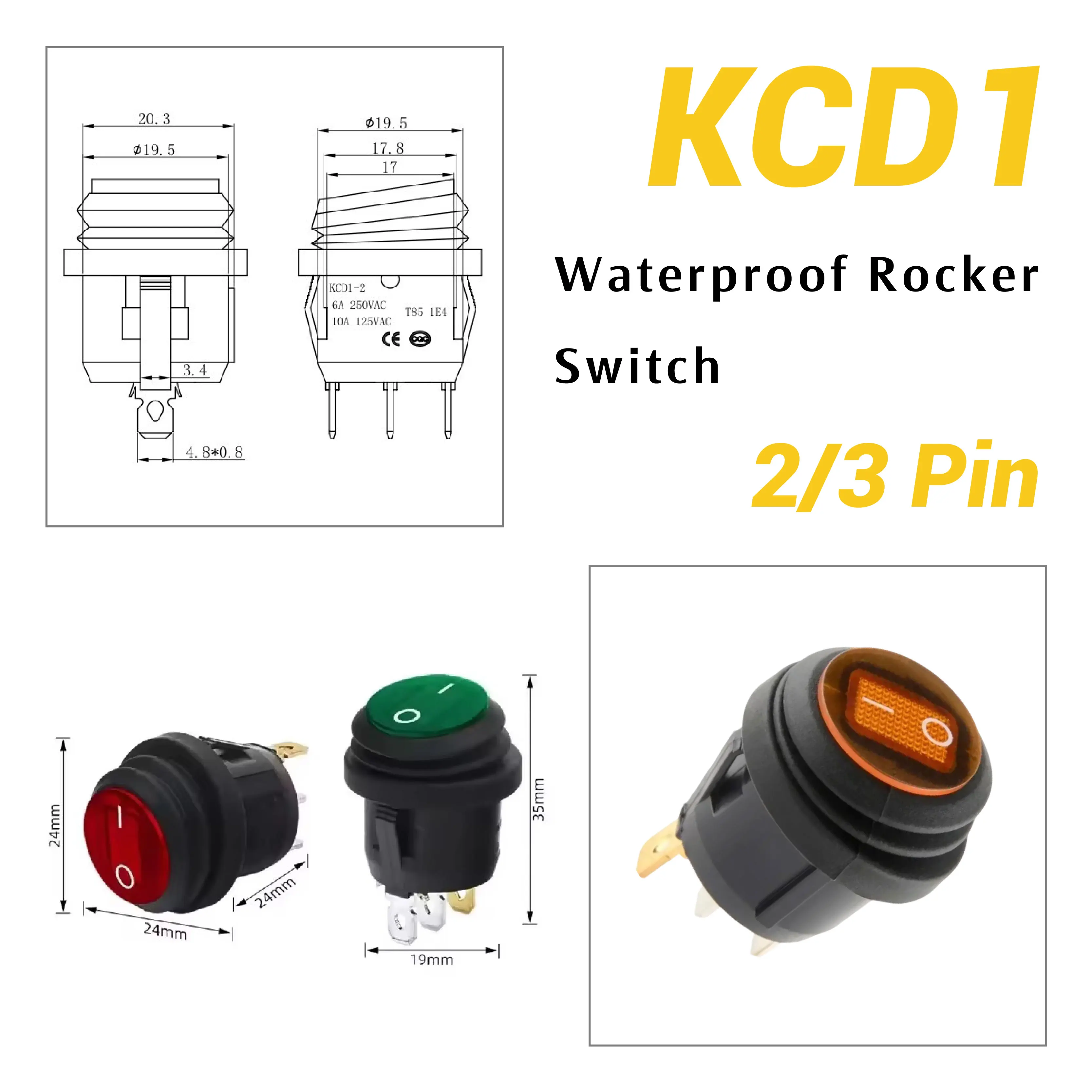 Rocker Switch Round 2/3Pin ON/OFF IP65 20mm Waterproof 12V/220V 250V Silver Contacts for Marine Boat Automotive