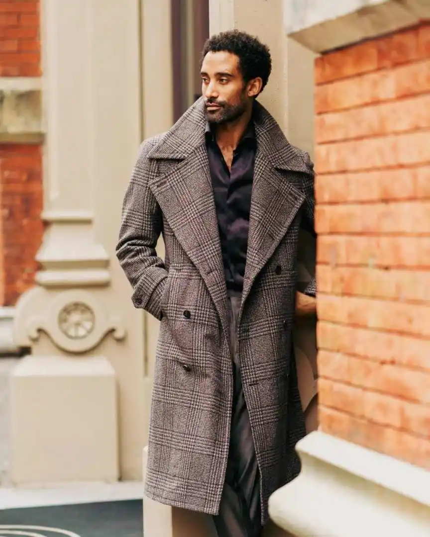 Vintage heren lange overjas dubbele rij knopen gekerfde revers jas blazers herfst winter op maat gemaakte jas uit één stuk