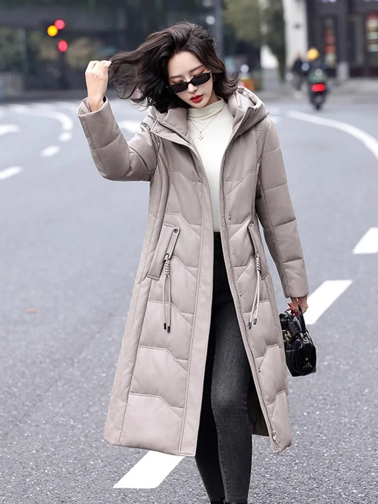 جديد إمرأة شتاء انقسام الجلود أسفل معطف موضة مقنعين كم طويل فضفاض معطف دافئ عادية البساطة معطف طويل من الجلد أسفل #2