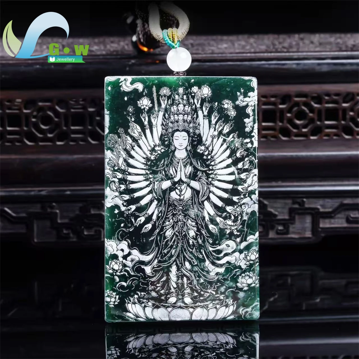 Natural Grade A Jadeite Double Side Shadow Carved Thousand Hand Guanyin High Ice Old Material Pendant Unisex Men Women Gemstone
