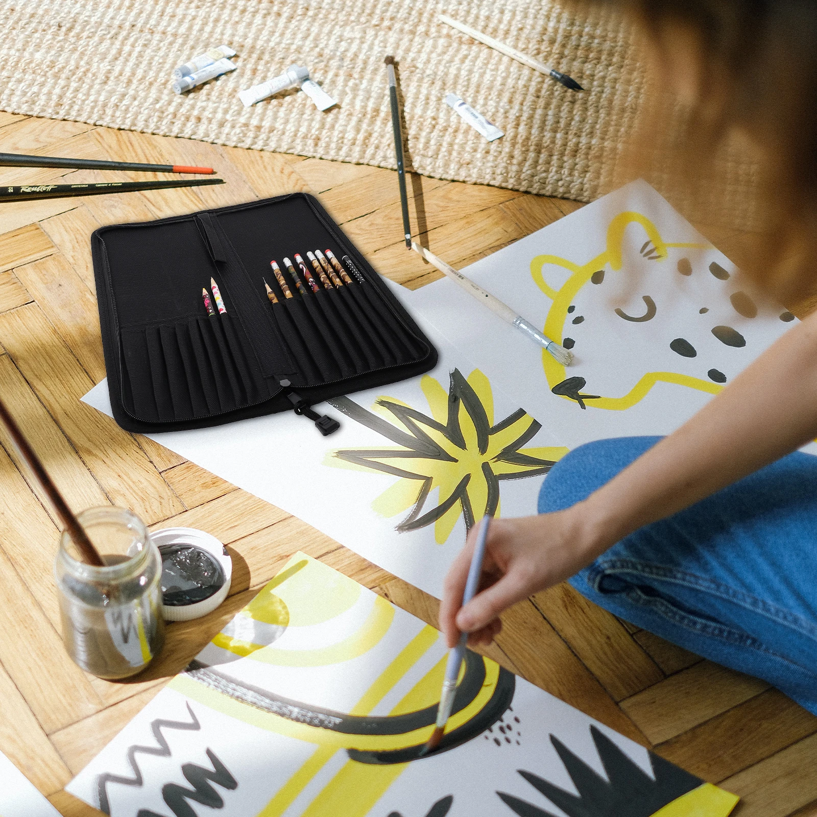 حقيبة فرشاة الطلاء ذات سعة كبيرة منظم فرشاة الرسم الزيتي وحقيبة أقلام رصاص وحامل أدوات مكتبية للطلاب وأقلام ألوان مائية