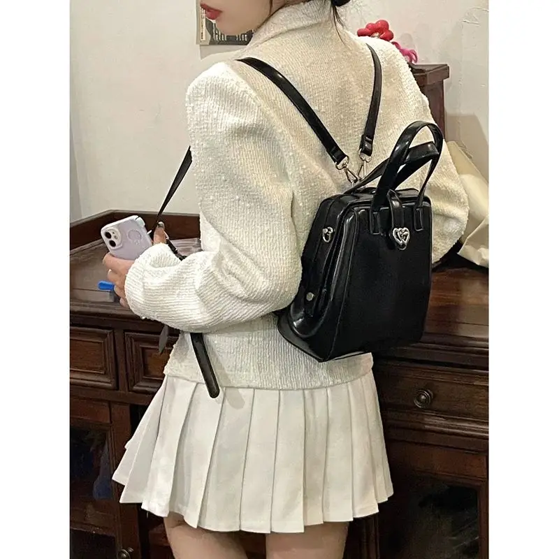 حقيبة ظهر كلاسيكية سوداء Y2k Mochila للنساء من جلد البولي يوريثان أنيقة حقيبة ظهر صغيرة غير رسمية للسيدات Harajuku Lolita حقائب ظهر مدرسية غير رسمية حقيبة يد جديدة