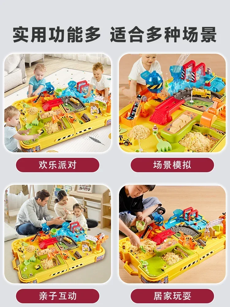 Crianças liga engenharia construção brinquedo conjunto multifuncional areia água jogar mesa sandbox com veículos para meninos presente