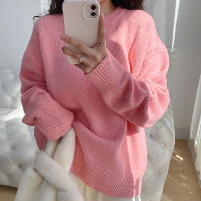 Autumn and Winter New Loose Lazy Style Round Neck Pullover Female Solid Color Casual Simple Sweater