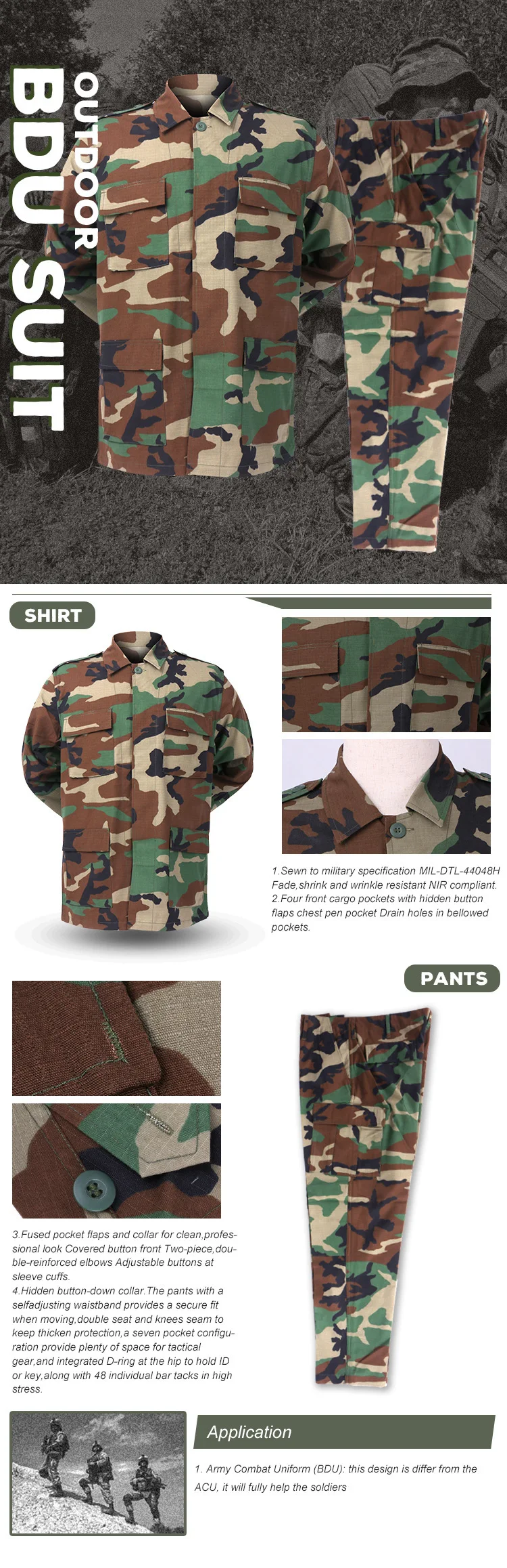 Mens BDU Camouflage 2 Piece Set Tactical Training Suit Outdoor Work Hunting Camping Hiking Combat Clothing view 5