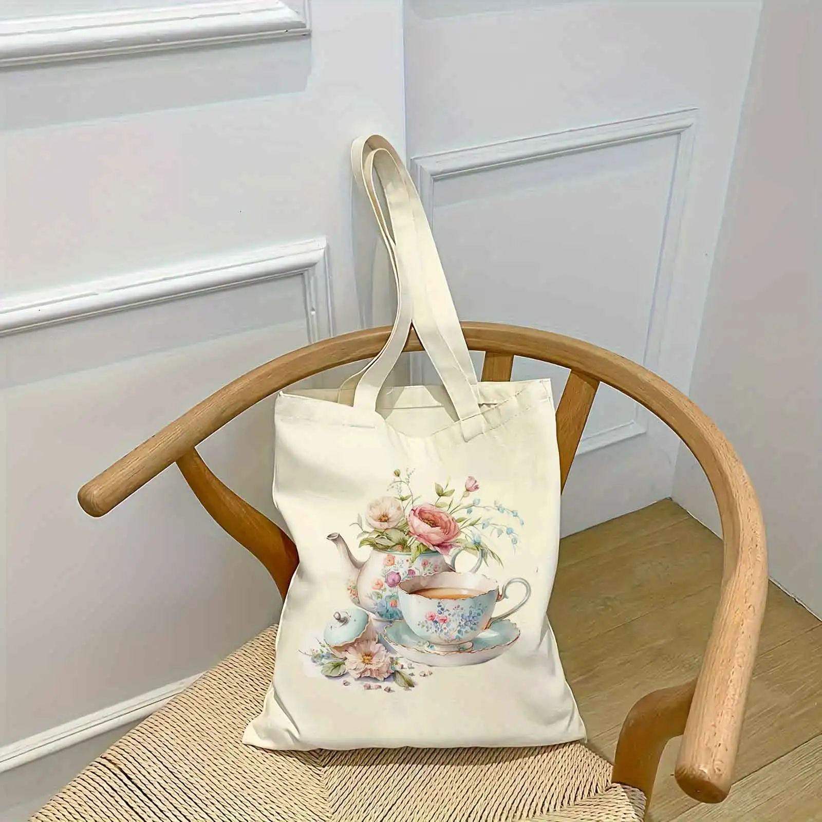 

1PC Fashionable Teapot And Cup Tote Bags Women Harajuku Cartoon Vintage Shopping Canvas Bag Teenager Retro Flowers Shoulder Bags