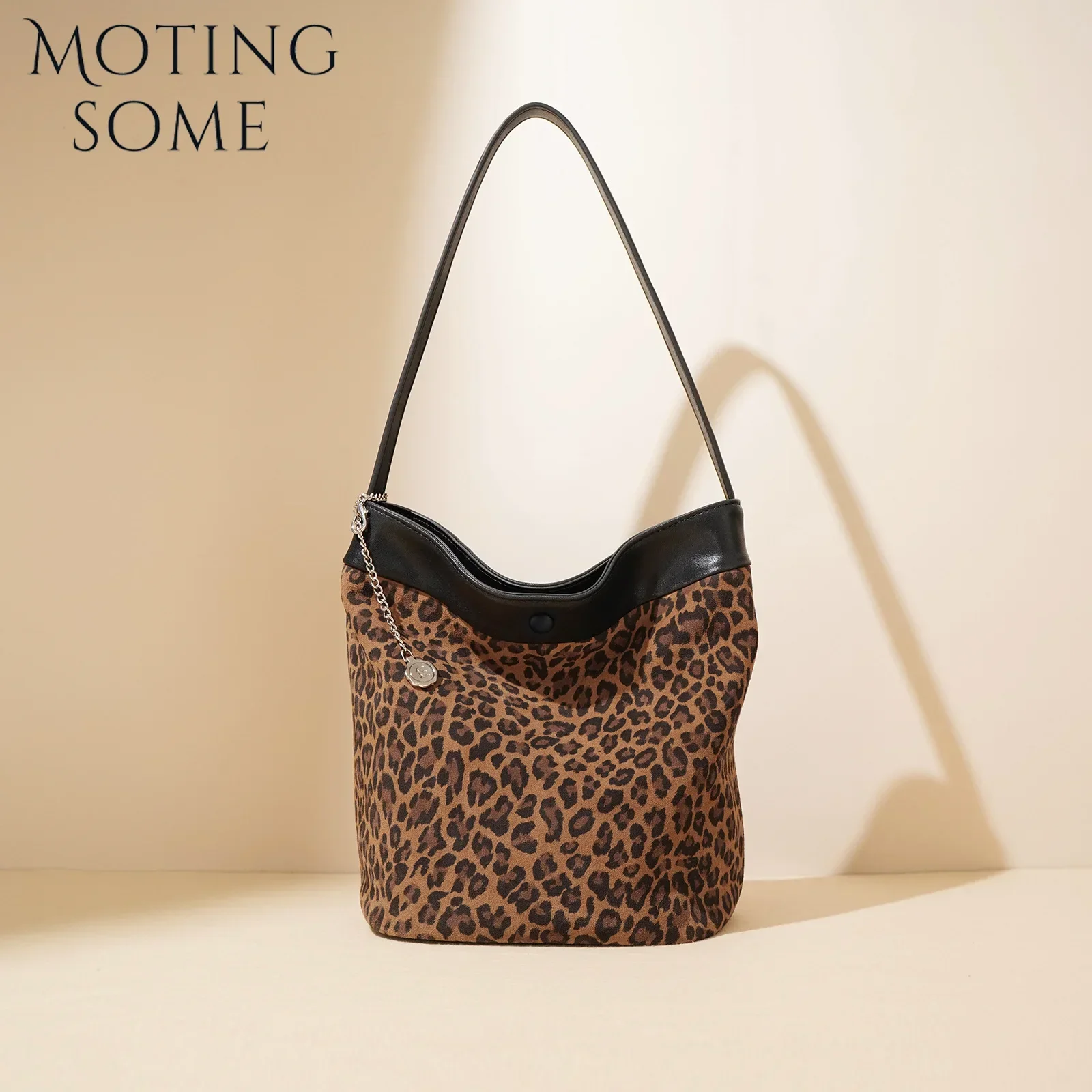 Motingsome Leopard Print Suede Leather Handbag Fashion Women Handbag and Purses 2024 New Luxury Horsehair Bucket Casual Tote