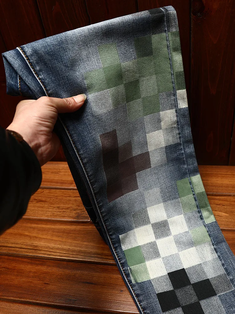 Pantalones vaqueros con estampado de mosaico para hombre, jeans elásticos, ajustados, de pierna pequeña, finos, informales y bonitos, a la moda, de verano