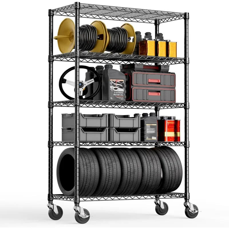 Steel Storage Shelving 5-Tier Utility Shelving Unit with Wheels, Steel Organizer Wire Rack for Home,Kitchen,Office,Garage, 1